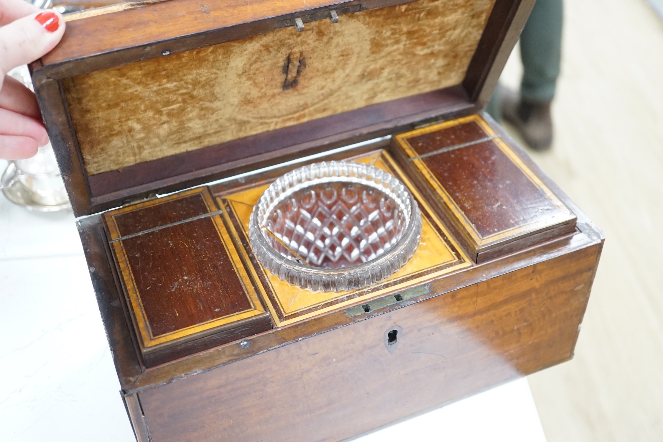 A late George III satinwood inlaid tea caddy and a later similar mahogany tea caddy, largest 30cms wide x 18cms high